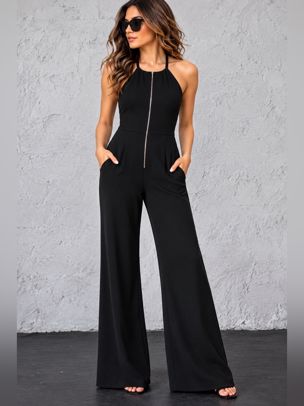 I HEART Black Halter Wide Leg Jumpsuit 100% Rayon Front Zip Vacation Resort XS